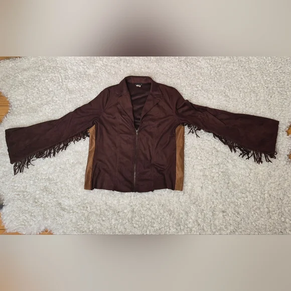 Vintage Vixen Brown Faux Suede Fringe Western Zip Jacket L Cowgirl Boho Fedtival - Picture 5 of 10